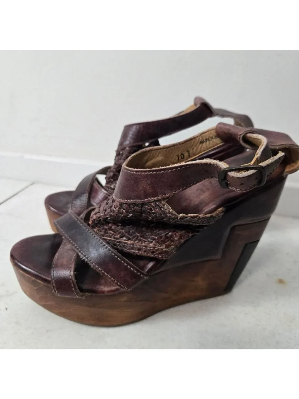 Bed Stu Size 10 Petra Handwoven Leather Wood Platform Wedge Sandals